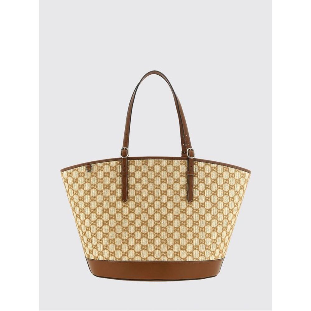 Gucci Large Raffia Tote Bag With Flocked Gg Monogram And Double Handles